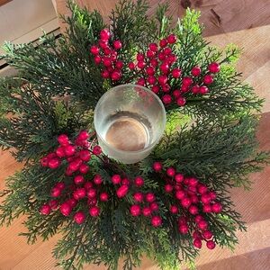 Festive Green and Red Holiday Candle Holder Centerpiece